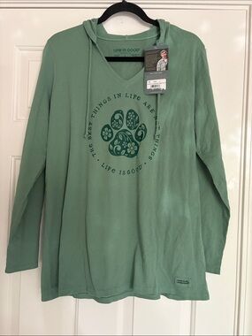 Life Is Good Sage Green Paw Graphic Hoodie Tee, NWT